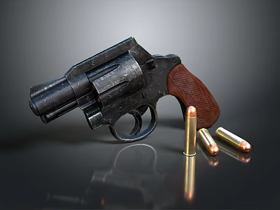 Vintage Revolver Handgun With Wooden Grip And Brass Ammunition Bullets 3d model