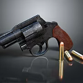 Vintage Revolver Handgun With Wooden Grip And Brass Ammunition Bullets