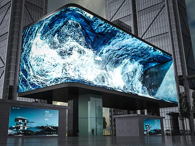 Large LED Screen Showing Dynamic Ocean Wave Visuals With Tall Buildings Background 3d model