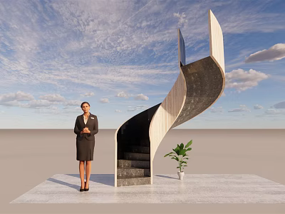 Spiral Staircase In Modern Design With Woman In Black Suit And Green Plant 3d model
