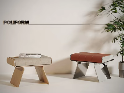 POLIFORM Wooden And Metal Frame Stools With Light Gray Red Cushions Indoor Near Green Plant 3d model