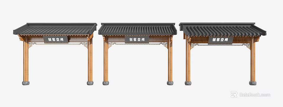 Traditional Chinese Architectural Components for Underground Palace Chamber with Wooden Pillars and Black Tiled Roofs 3d model 