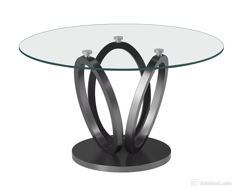 Modern Round Dining Table With Glass Top And Black Metal Curved Base 3d model 