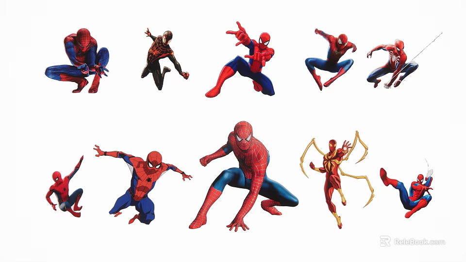 Spider Man Character Silhouettes In Multiple Different Action Poses And Dynamic Stances 3d model