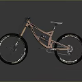 Peach Frame Downhill Mountain Bike With White Seat Large Tires And Suspension On Reflective Surface