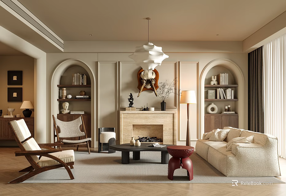 Elegant Modern Living Room Interior With Arched Bookshelves Fireplace And Pendant Lamp 3d model 