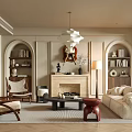 Elegant Modern Living Room Interior With Arched Bookshelves Fireplace And Pendant Lamp