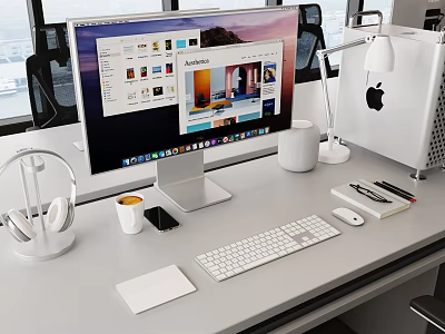 Sleek Notebook Setup On Office Desk With Headphones Coffee Cup Keyboard Mouse And Lamp 3d model
