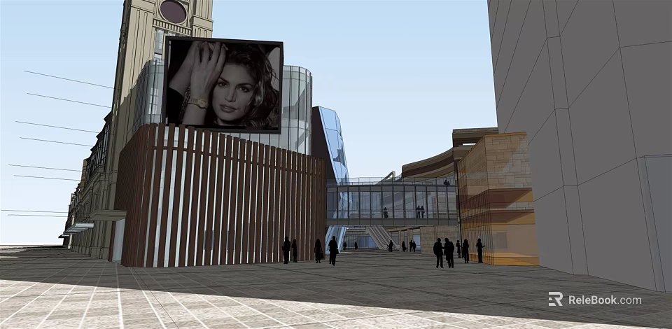 Modern Commercial Street With Contemporary Architecture Large Billboard Pedestrians And Open Public Space 3d model 