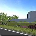 Garden Landscape Design with Curved Path Lined by Green Trees and Colorful Shrubs