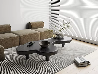 Modern Three-Petal Shaped Black Coffee Table With Vase Bowl Green Plant Near Brown Sofa 3d model