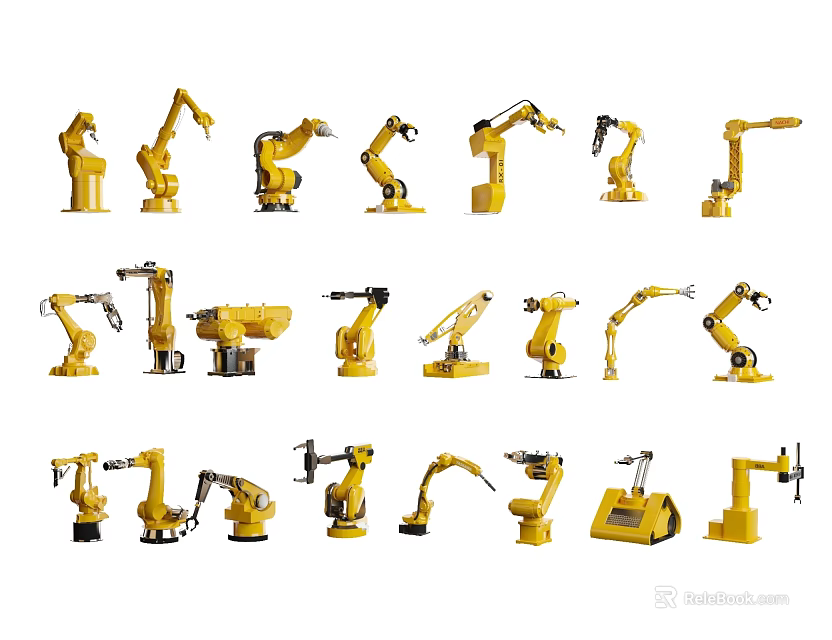 Yellow Industrial Robotic Arms Equipment Showcasing Multiple Units In Various Postures 3d model