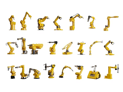 Yellow Industrial Robotic Arms Equipment Showcasing Multiple Units In Various Postures 3d model