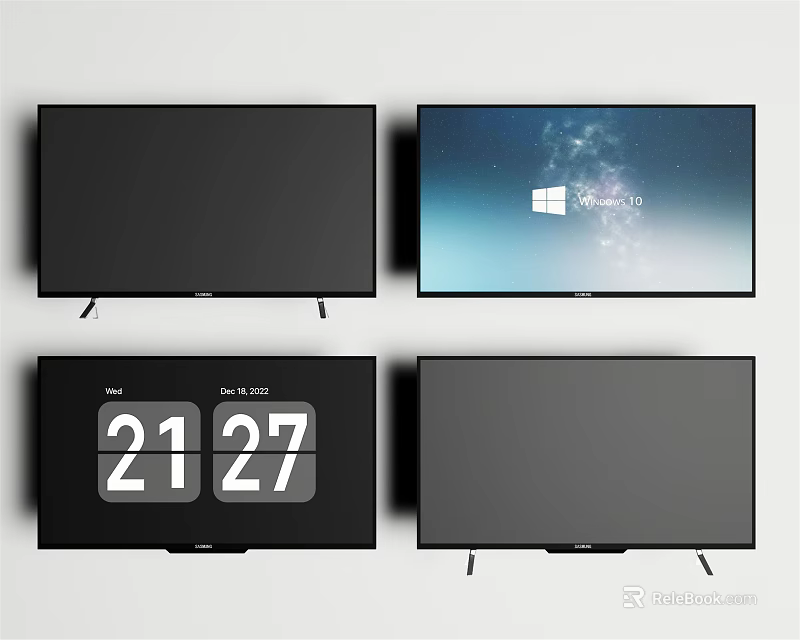Four Modern Televisions With Windows Interface Digital Clock And Black Screens 3d model