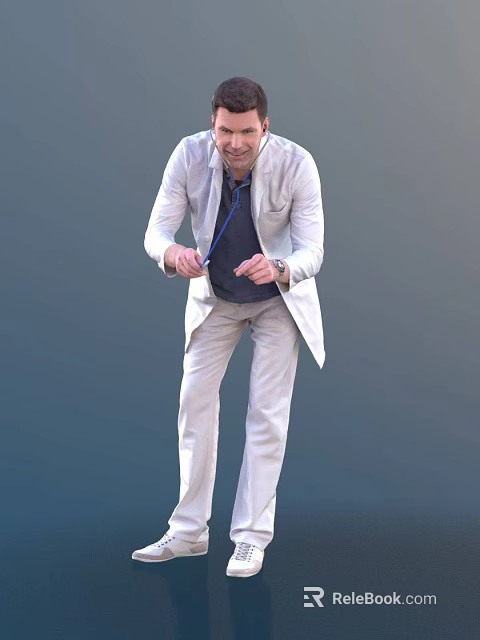 Man in Light Suit Jacket Dark Shirt and Tie Standing Against Gray Background 3d model 