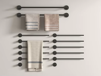 Different Towels Arranged on Black Towel Racks Against Light Wall 3d model