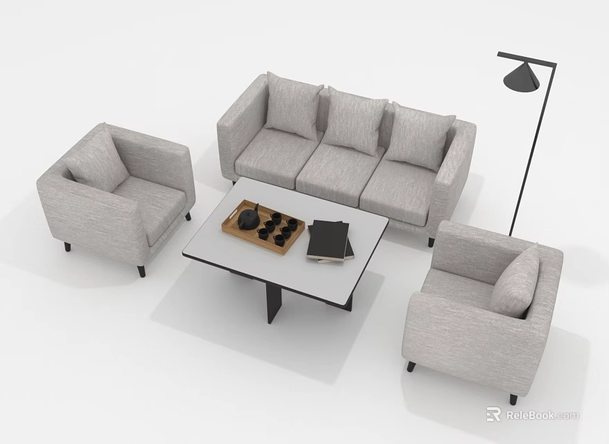 Modern Minimalist Living Room Furniture With Gray Sofa Armchairs Coffee Table And Floor Lamp 3d model 
