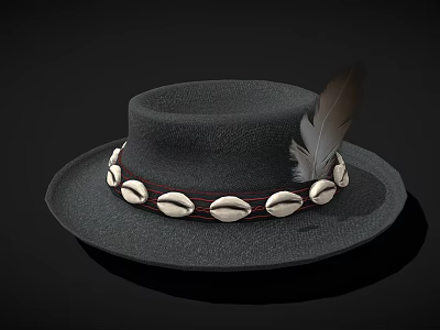 Stylish Black Round Brim Hat with Feather Accent and Shell Decoration Band 3d model