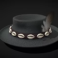 Stylish Black Round Brim Hat with Feather Accent and Shell Decoration Band