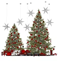 Festive Christmas Scene With Two Decorated Trees Hanging Star Ornaments Gift Boxes And Miniature Houses