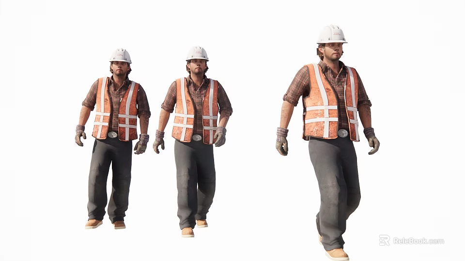Three Construction Workers Walking In Orange Safety Vests And White Hard Hats 3d model 