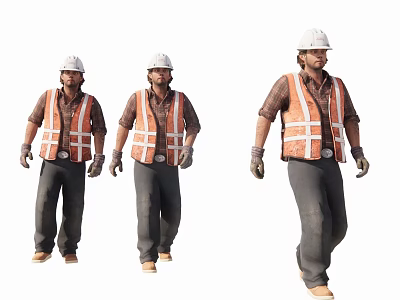 Three Construction Workers Walking In Orange Safety Vests And White Hard Hats 3d model