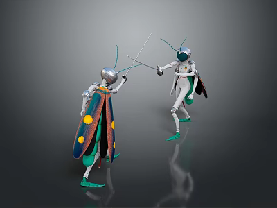 Colorful Moth Insects Fencing With Silver Heads Green Legs And Reflective Surface 3d model