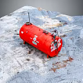 Red Cylindrical Industrial Equipment on Outdoor Gray Worksite Ground with Surface Traces