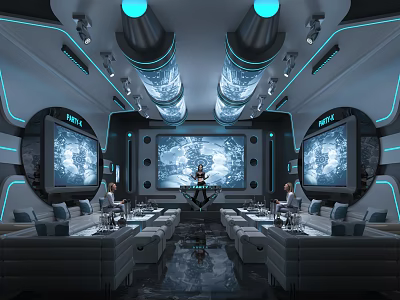 Futuristic KTV Room Interior With Large Screens Comfortable Sofas And Modern Lighting Design 3d model