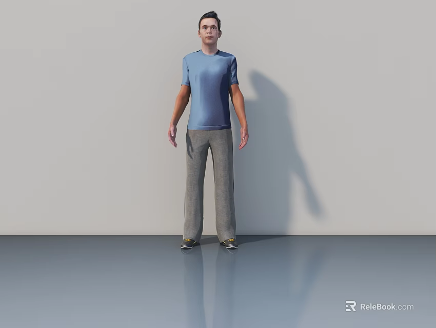 Man Standing In Light Colored Room With Blue T Shirt And Gray Pants 3d model 