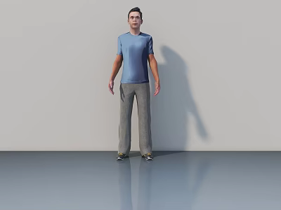 Man Standing In Light Colored Room With Blue T Shirt And Gray Pants 3d model