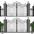 Ornate Wrought Iron Gate With Stone Pillars Lamp Posts And Potted Plants For Architectural Exterior