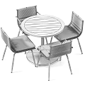 Round Wooden Table And Four Woven Chairs Set With Black Metal Frames And Gray Cushions