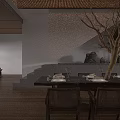 Natural Wooden Restaurant Interior With Long Dining Table Chairs White Pendant Lights And Green Plants