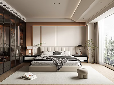 Modern Bedroom Interior With Large Bed Glass Wardrobe Nightstand And Floor to Ceiling Window 3d model