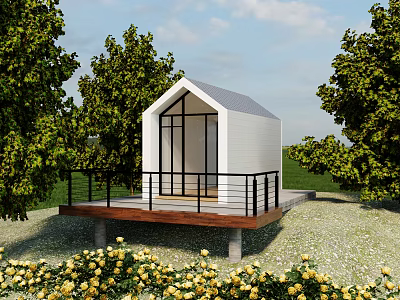 White Exterior Cabin With Large Windows Wooden Deck Black Railings Green Trees And Yellow Flowers 3d model