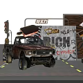Rusty Old Truck With Two Men Standing Near Treasure Hunt Battle Event Setup