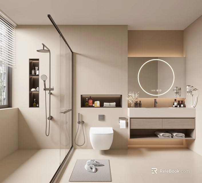 Modern Bathroom Interior Design With Glass Shower Round Mirror Wall Mounted Toilet And Light Vanity 3d model 