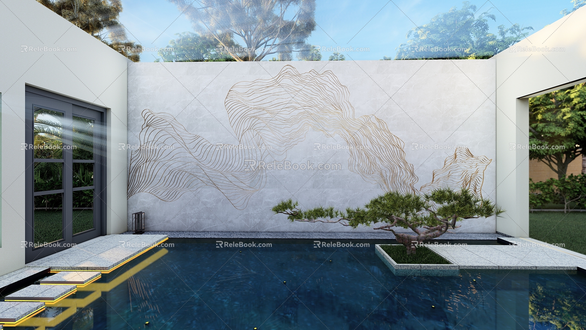 Modern Courtyard Sinking Courtyard Patio Waterscape Mirror Water Wall Decorative Facade Decorative Landscape Wall 3d model