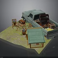 Vintage Light Blue Truck With Garden Shed Table Chairs And Potted Plants