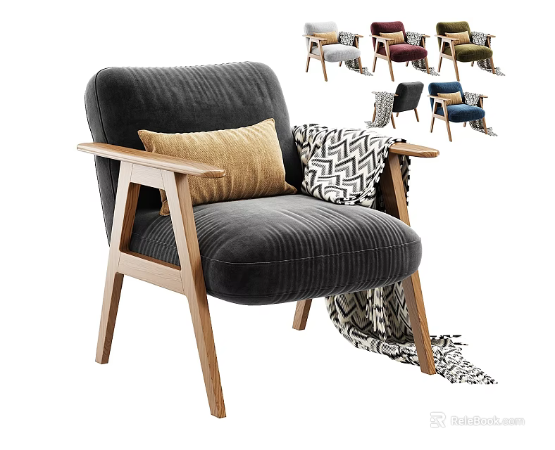 Dark Gray Corduroy Single Sofa with Wooden Arms Beige Pillow and Geometric Blanket 3d model 