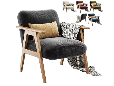 Dark Gray Corduroy Single Sofa with Wooden Arms Beige Pillow and Geometric Blanket 3d model