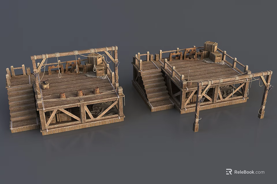 Medieval Weapon Display on Wooden Platform with Stairs Ropes Barrels and Crates 3d model 