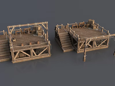 Medieval Weapon Display on Wooden Platform with Stairs Ropes Barrels and Crates 3d model