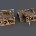 Medieval Weapon Display on Wooden Platform with Stairs Ropes Barrels and Crates
