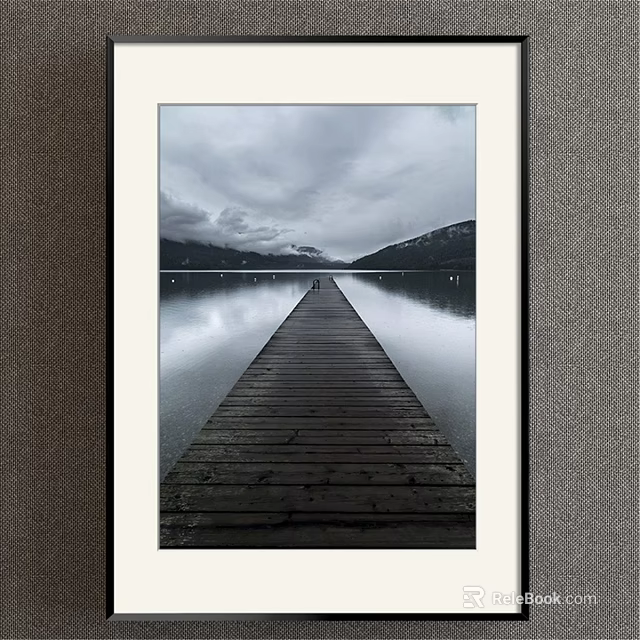Serene Landscape Painting With Wooden Dock Calm Lake Mountains And Cloudy Sky 3d model 
