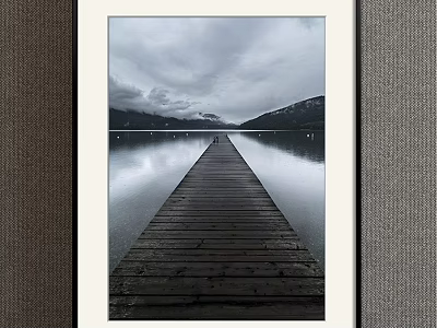 Serene Landscape Painting With Wooden Dock Calm Lake Mountains And Cloudy Sky 3d model