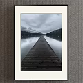 Serene Landscape Painting With Wooden Dock Calm Lake Mountains And Cloudy Sky