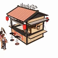 Classic Traditional Food Stall With Red Roof Red Lanterns Menu Board And Customers Ordering