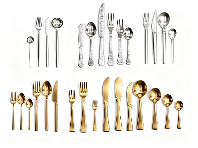 Modern Silver And Gold Cutlery Set With Assorted Sizes Forks Spoons And Knives 3d model